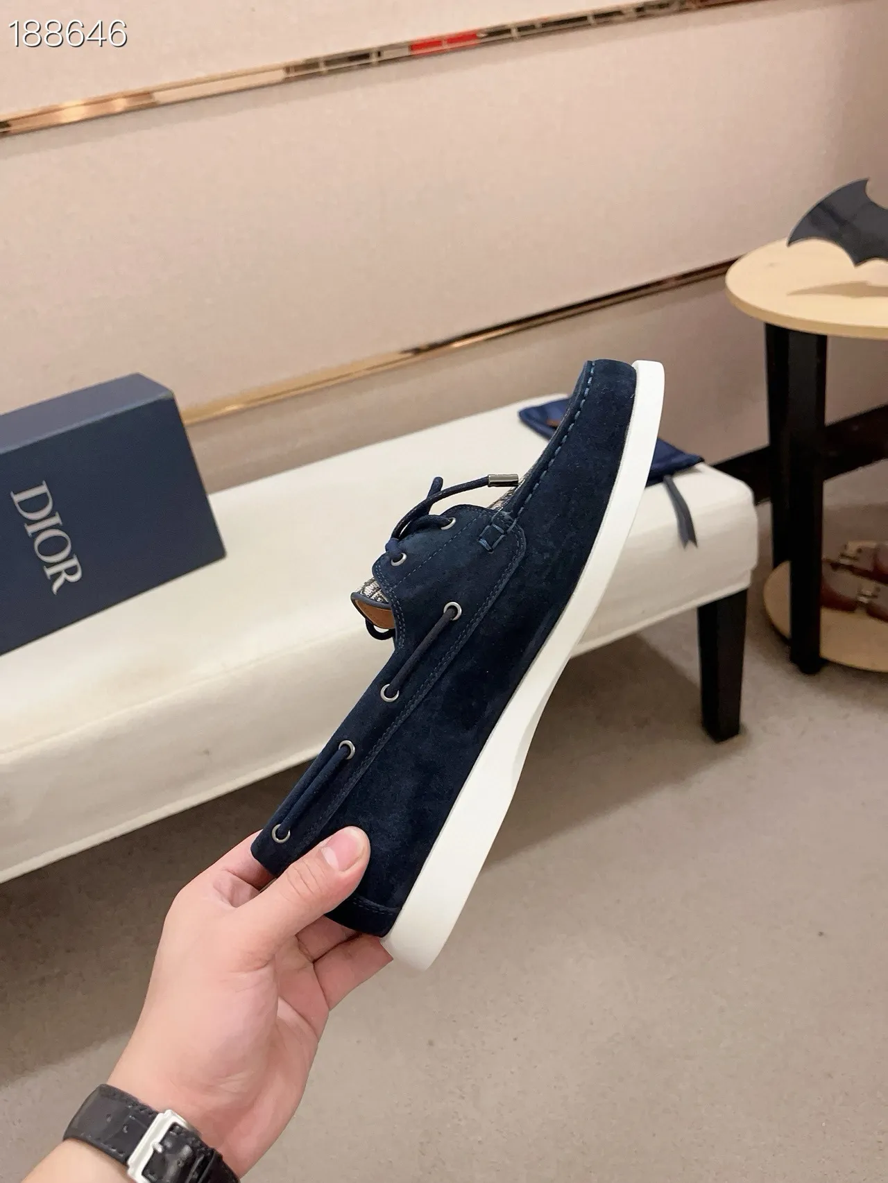 Navy White Suede Monogrammed Toe Cap Boat Shoes 4
