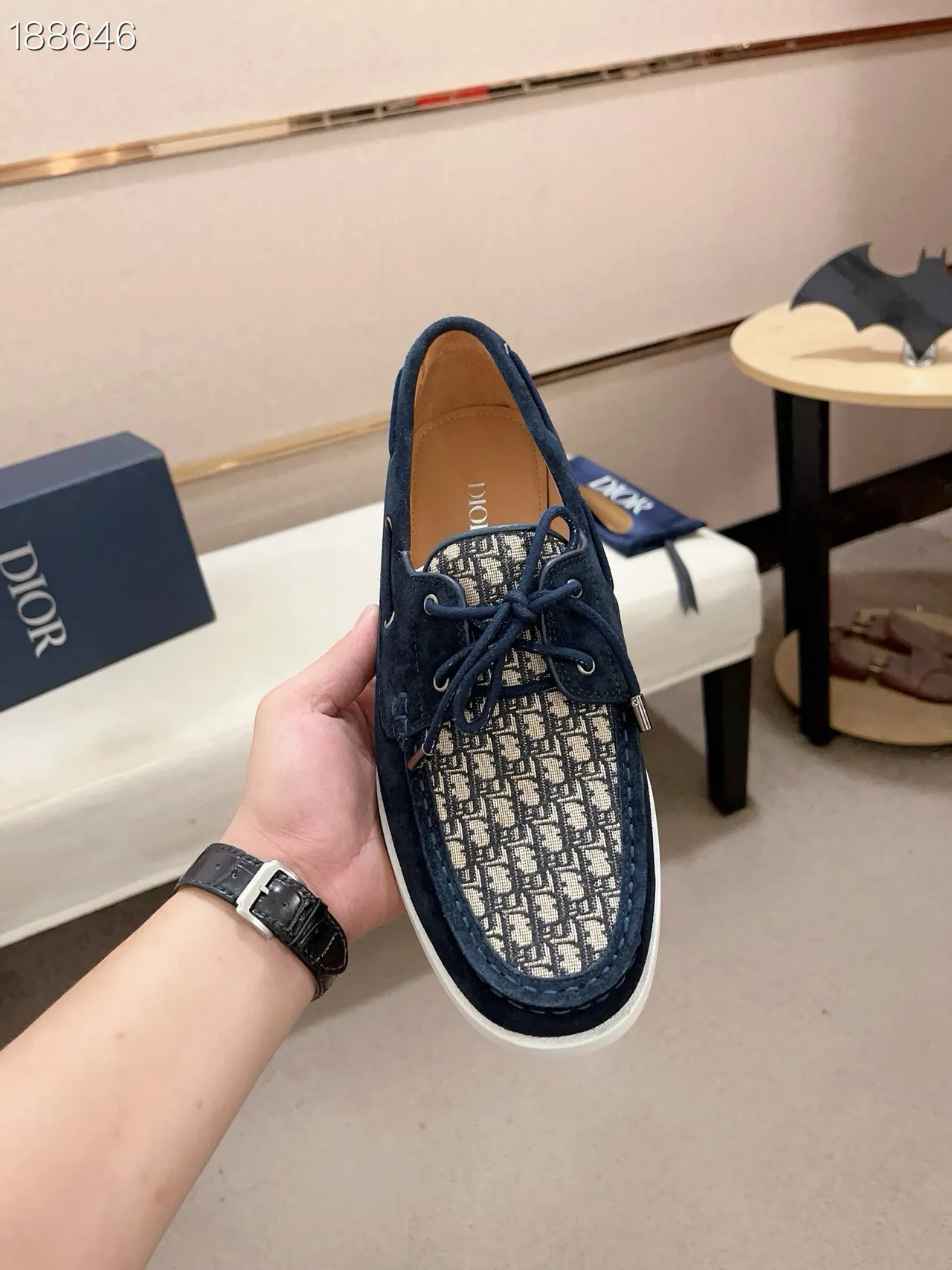 Navy White Suede Monogrammed Toe Cap Boat Shoes 5