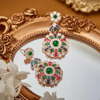 Ornate Multi-Gemstone Floral-Top Gold-Tone Earrings