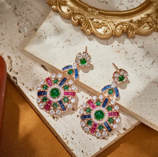Ornate Multi-Gemstone Floral-Top Gold-Tone Earrings 4