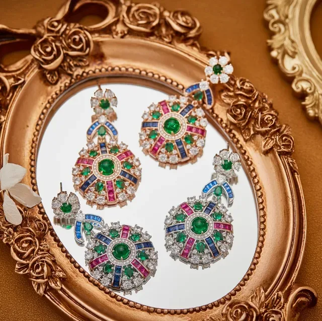 Ornate Multi-Gemstone Floral-Top Gold-Tone Earrings 7