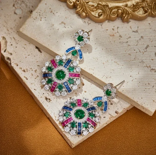 Ornate Multi-Gemstone Floral-Top Gold-Tone Earrings 8