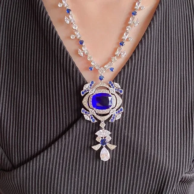 Ornate Sapphire and Diamond Pendant Necklace 7