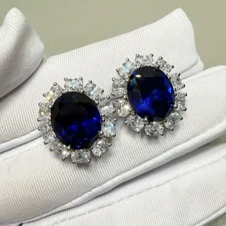 Oval Blue Gemstone Halo Cluster Earrings