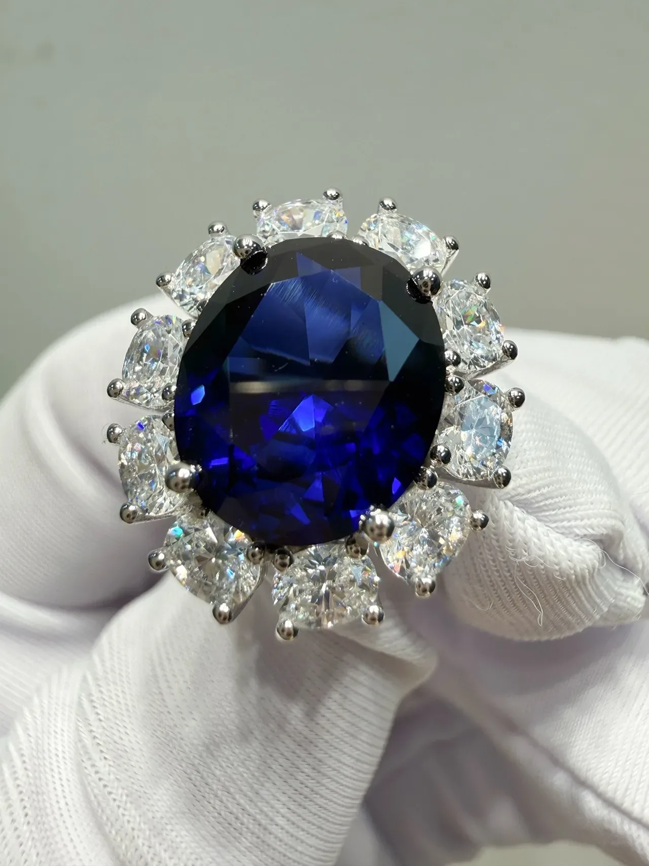 Oval Blue Gemstone Halo Cluster Earrings 3