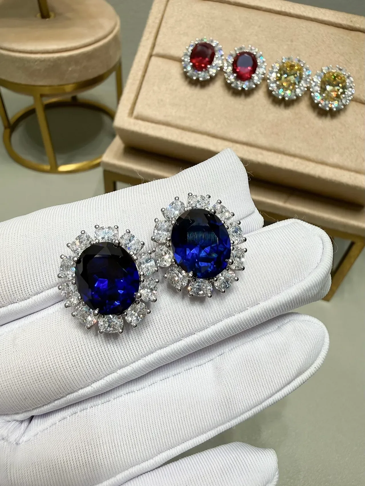Oval Blue Gemstone Halo Cluster Earrings 4