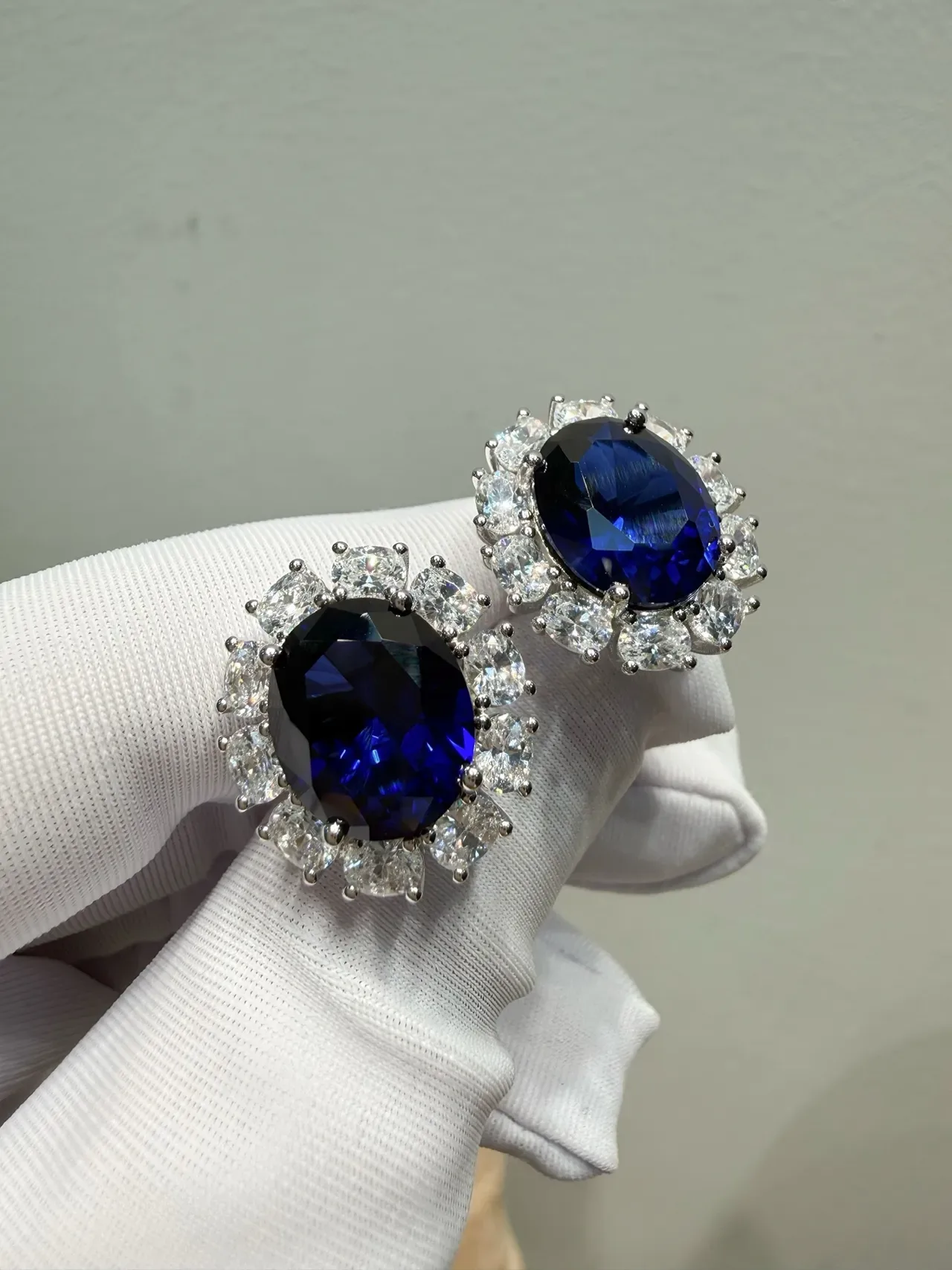 Oval Blue Gemstone Halo Cluster Earrings 5