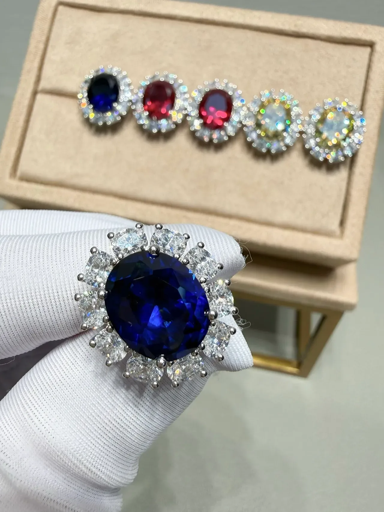 Oval Blue Gemstone Halo Cluster Earrings 6