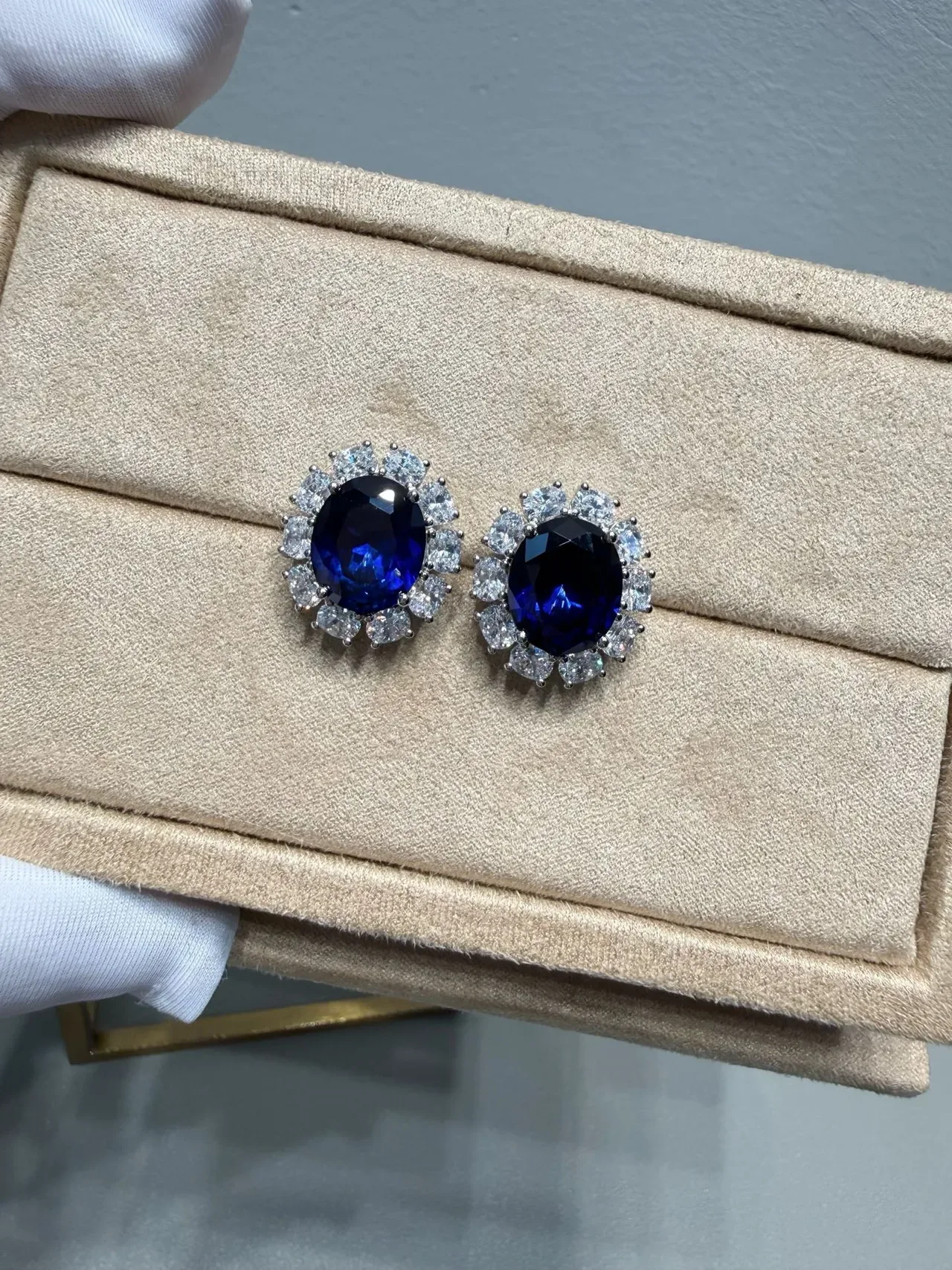 Oval Blue Gemstone Halo Cluster Earrings 8