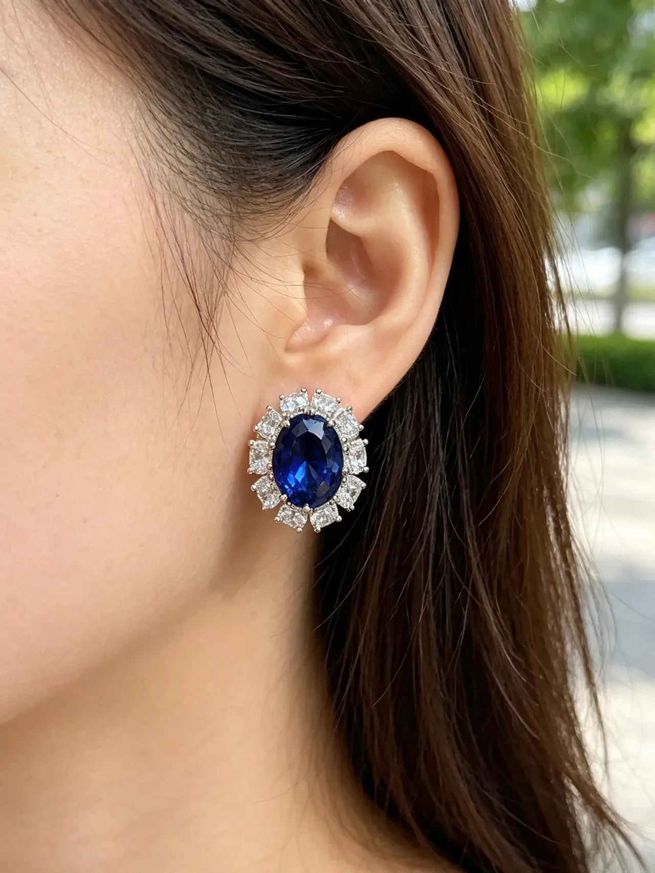 Oval Blue Gemstone Halo Cluster Earrings 9