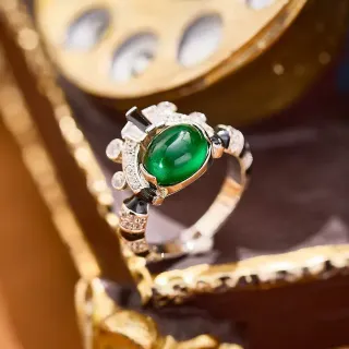 Oval Green Cabochon Diamond and Black Accent Ring