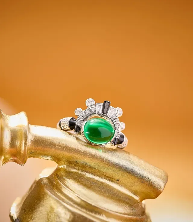 Oval Green Cabochon Diamond and Black Accent Ring 2