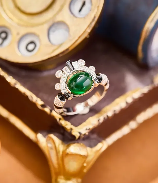 Oval Green Cabochon Diamond and Black Accent Ring 5