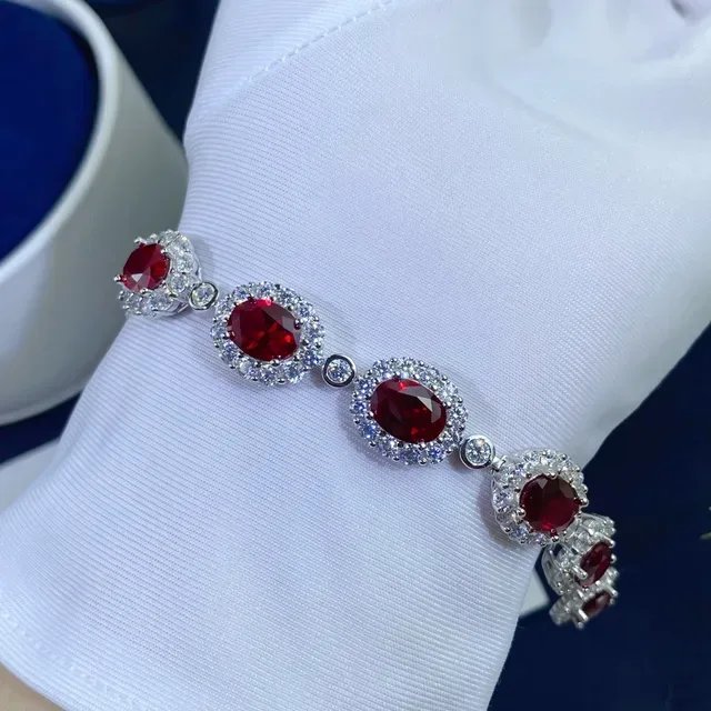 Oval Red Gemstone Halo Bracelet 6