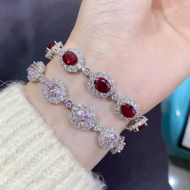 Oval Red Gemstone Halo Bracelet 7