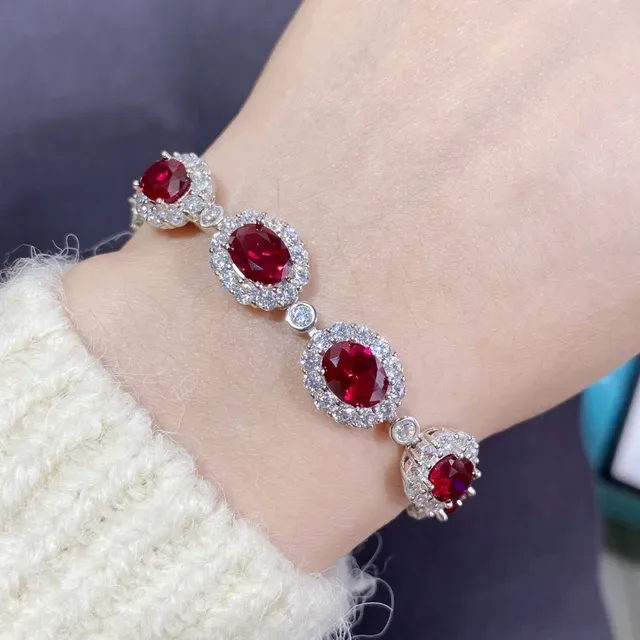 Oval Red Gemstone Halo Bracelet 8