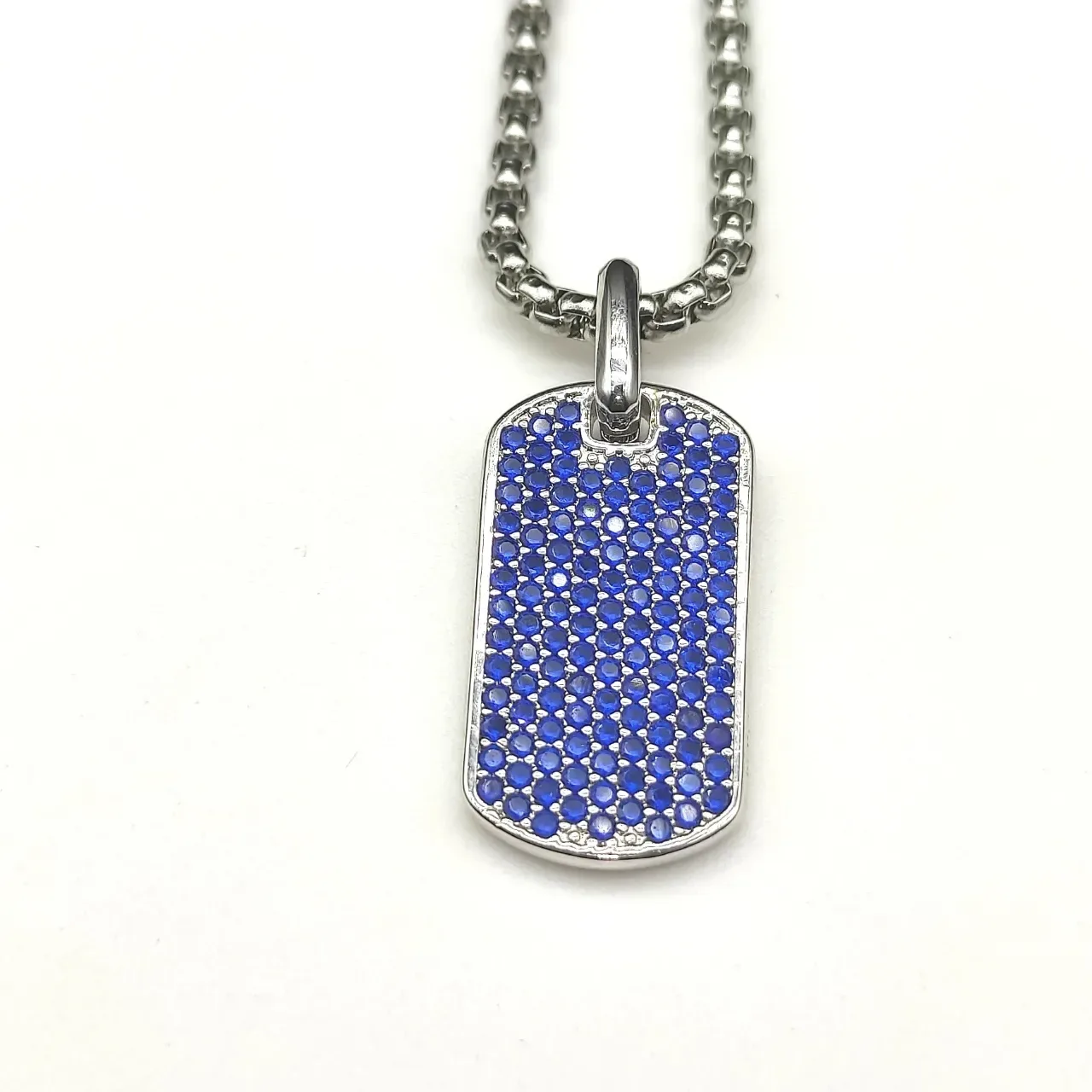Pavé Blue Stone Dog Tag Pendant Necklace 1