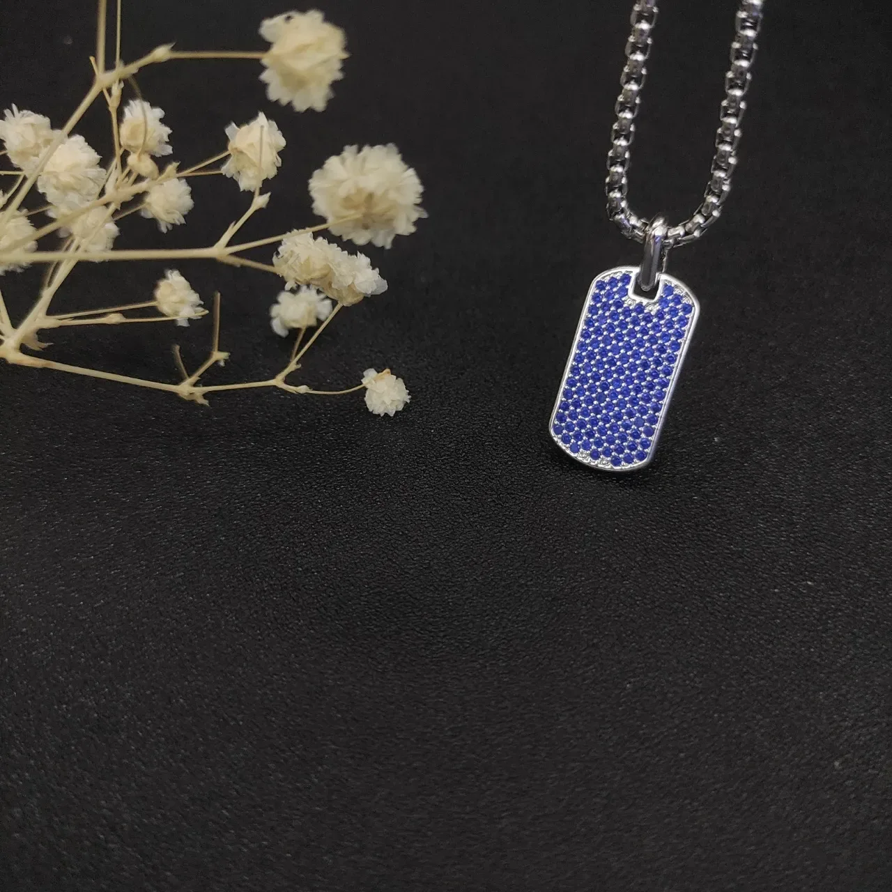 Pavé Blue Stone Dog Tag Pendant Necklace 7