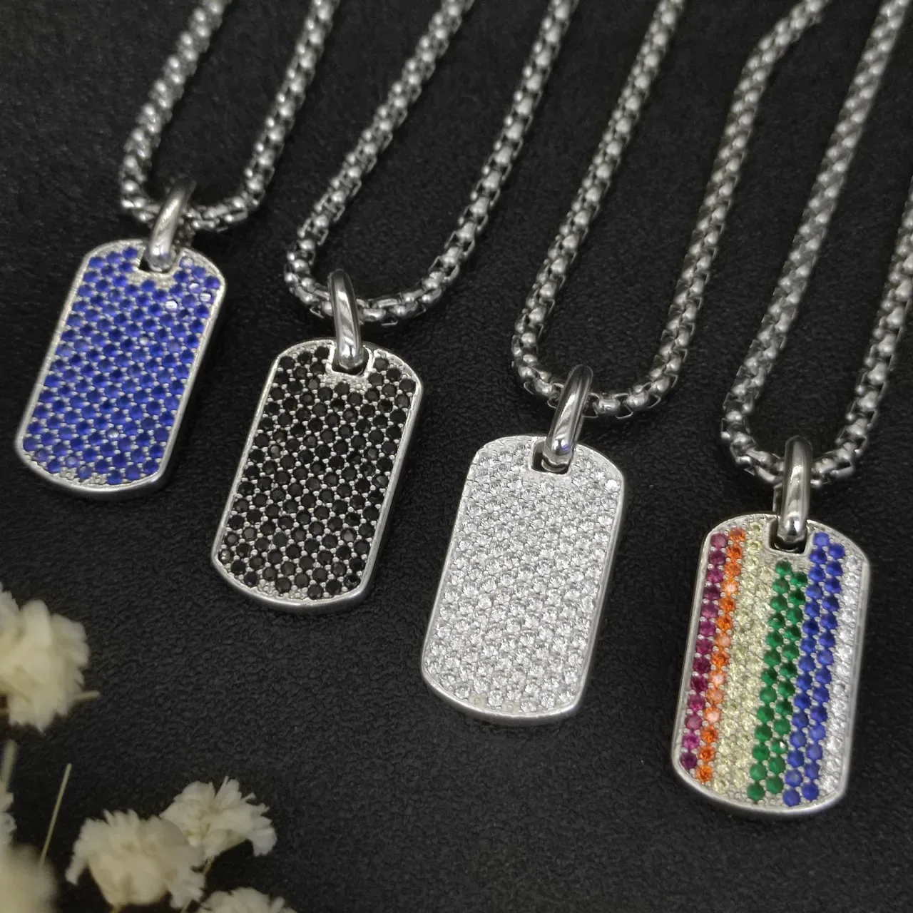 Pavé Blue Stone Dog Tag Pendant Necklace 8
