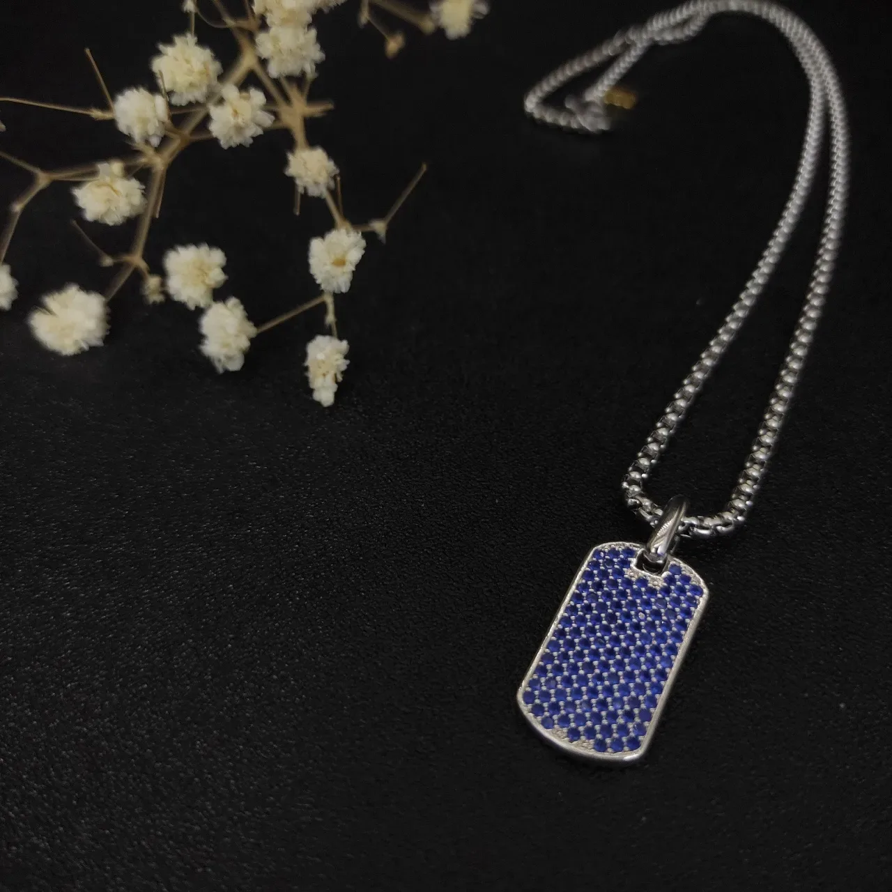 Pavé Blue Stone Dog Tag Pendant Necklace 9