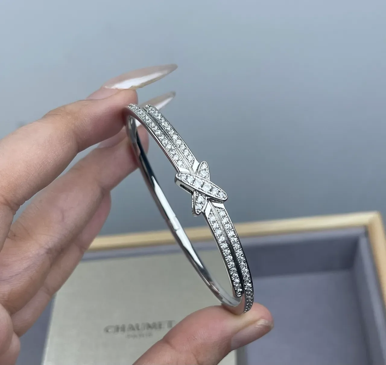 Pavé-Set Double-Band X-Motif Bangle Bracelets 2