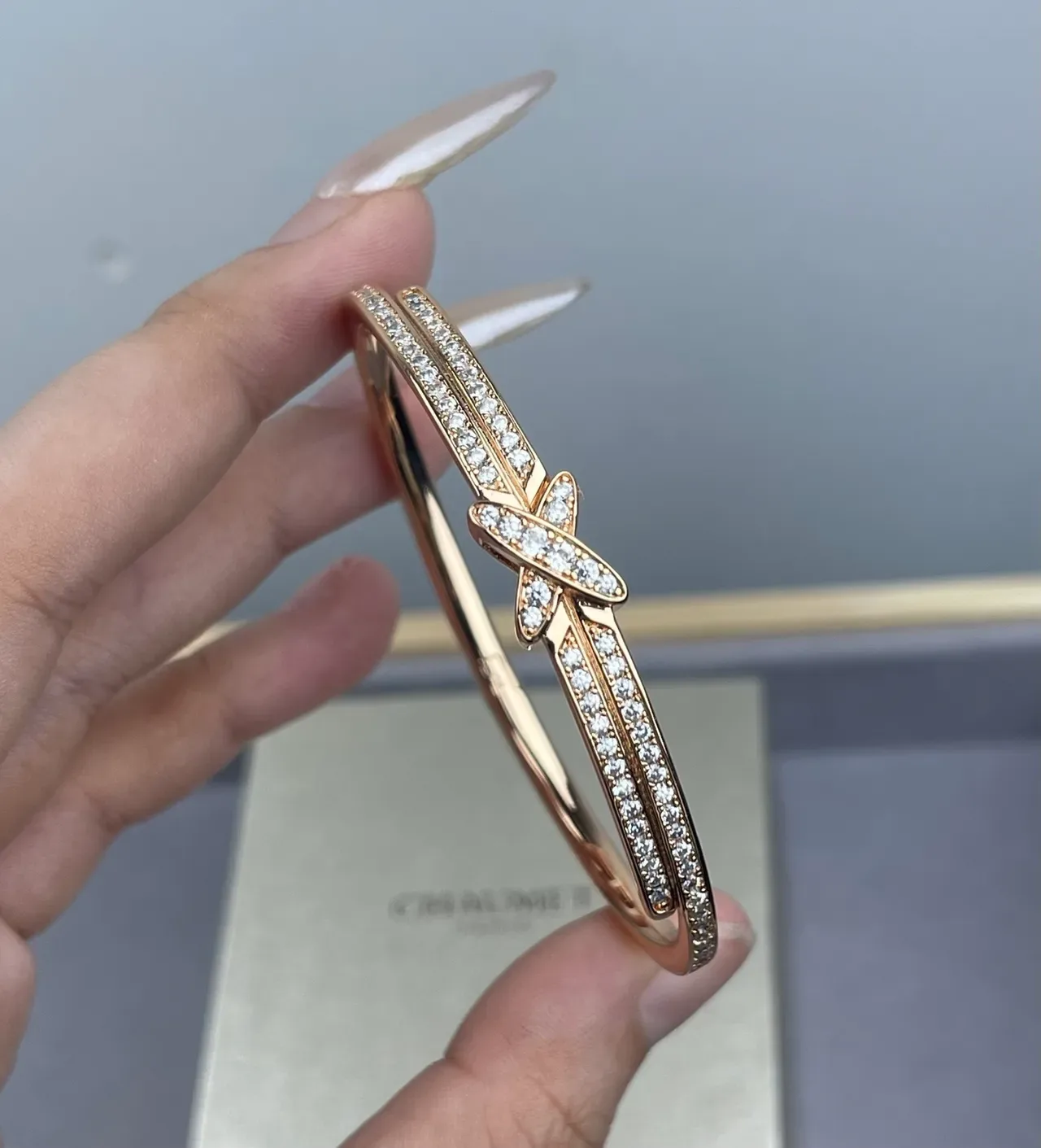 Pavé-Set Double-Band X-Motif Bangle Bracelets 3