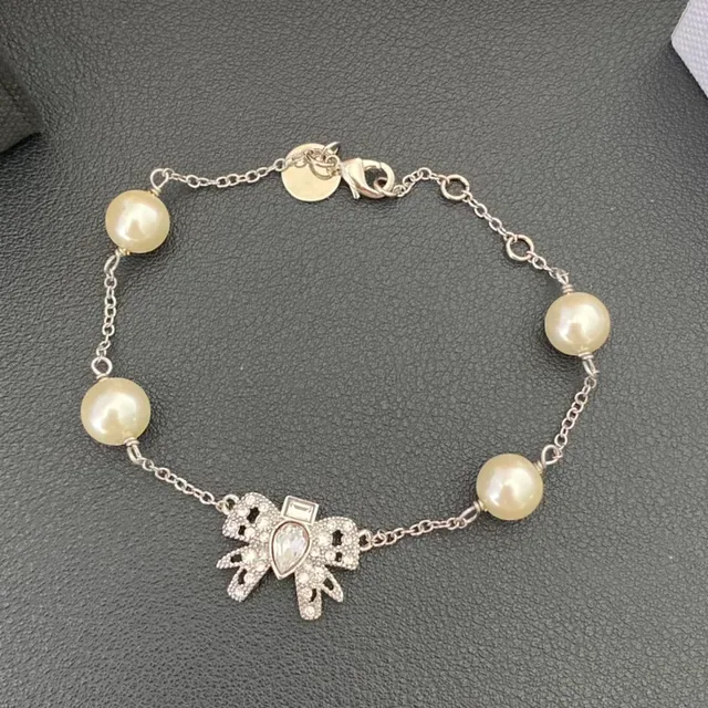 Pearl and Crystal Bow Charm Silver-Tone Chain Bracelet 8
