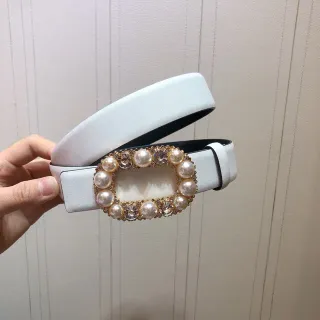 Pearl and Crystal Rectangular Buckle Off-White Leather Belt