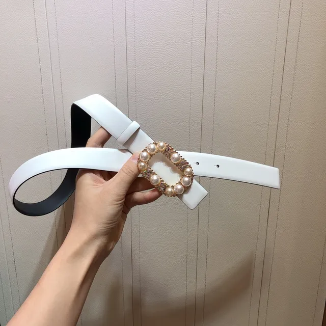 Pearl and Crystal Rectangular Buckle Off-White Leather Belt 2