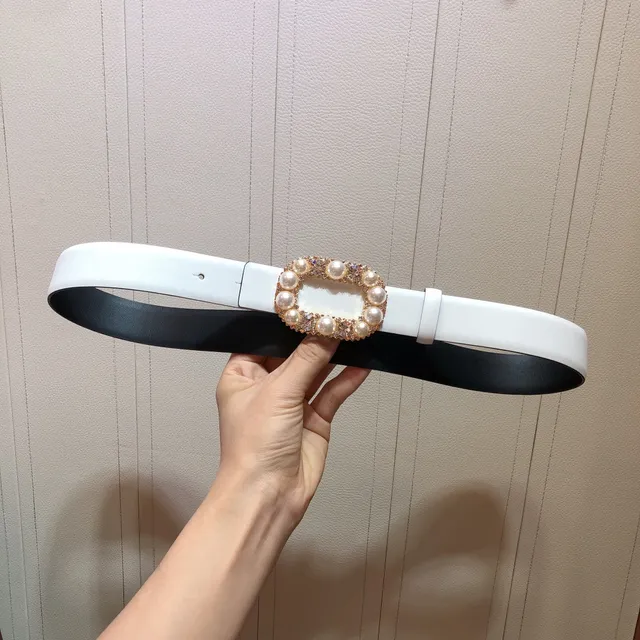Pearl and Crystal Rectangular Buckle Off-White Leather Belt 3