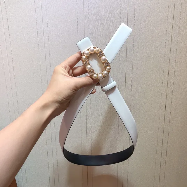 Pearl and Crystal Rectangular Buckle Off-White Leather Belt 5