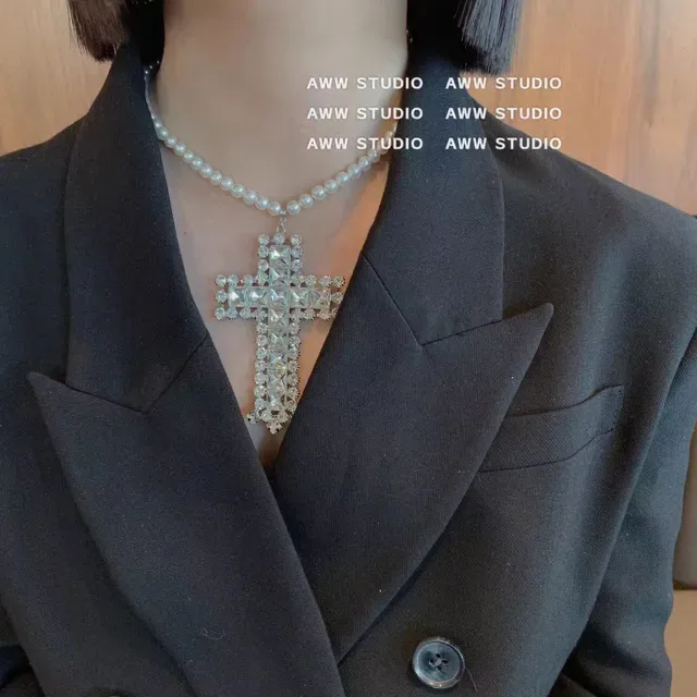 Pearl Strand Crystal Cross Pendant Necklace 2