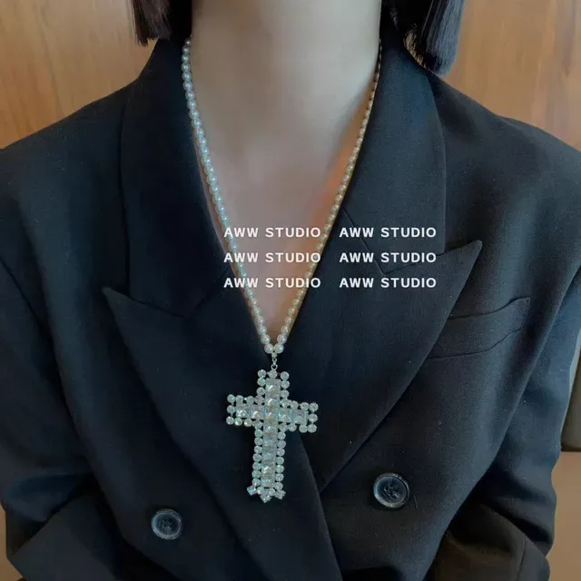 Pearl Strand Crystal Cross Pendant Necklace 3