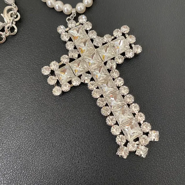 Pearl Strand Crystal Cross Pendant Necklace 5