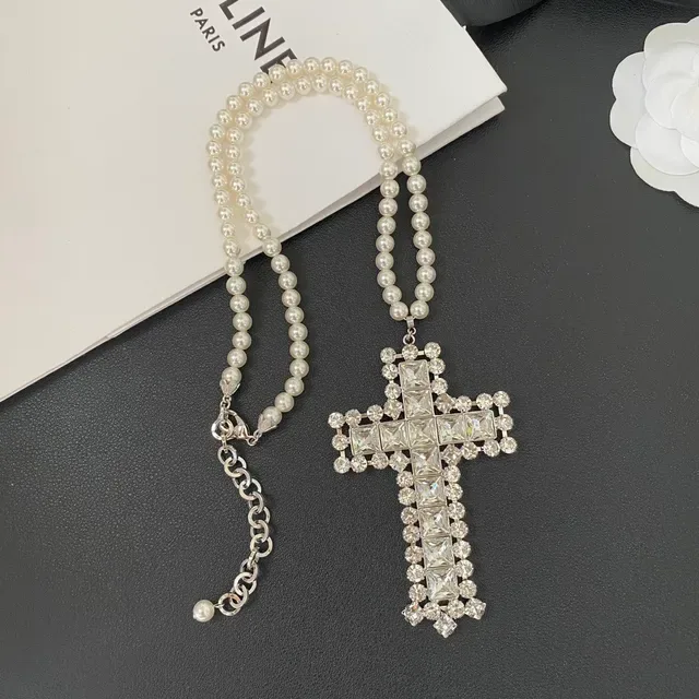 Pearl Strand Crystal Cross Pendant Necklace 6