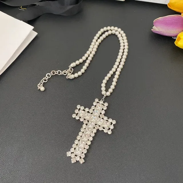 Pearl Strand Crystal Cross Pendant Necklace 7