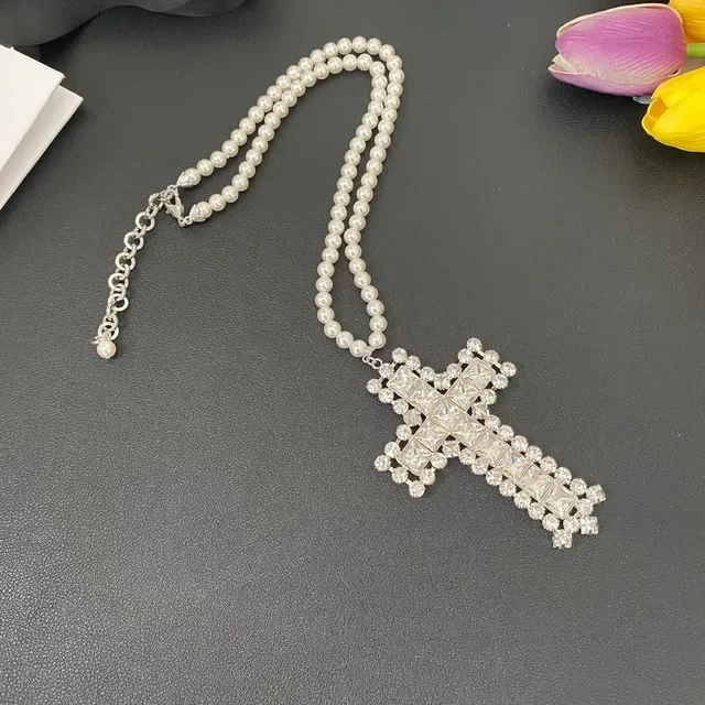 Pearl Strand Crystal Cross Pendant Necklace 8