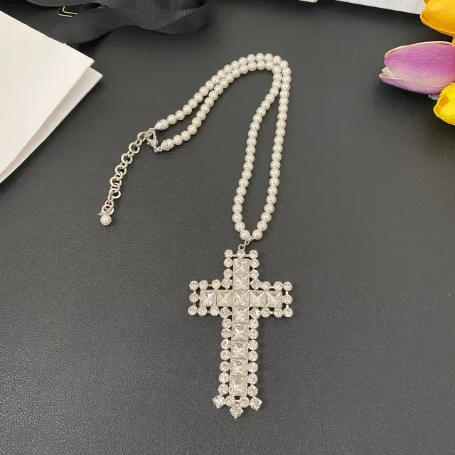 Pearl Strand Crystal Cross Pendant Necklace 9