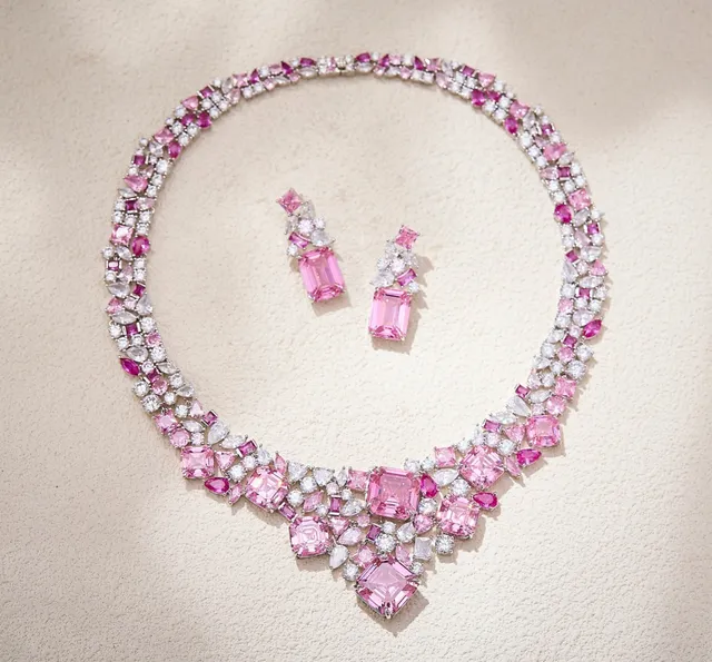 Pink and White Gemstone Bib-Style Necklace 7