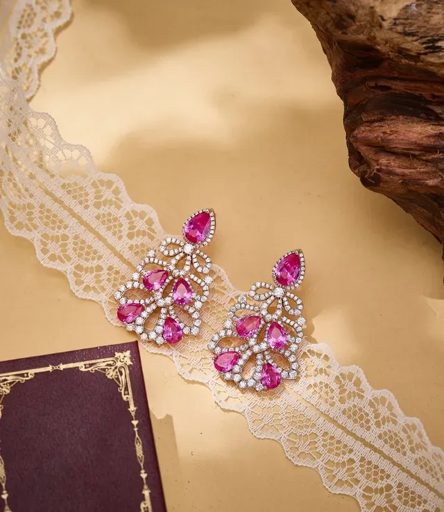 Pink Gemstone Filigree Lacework Drop Earrings 2