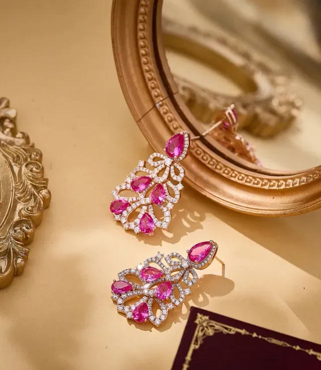 Pink Gemstone Filigree Lacework Drop Earrings 3