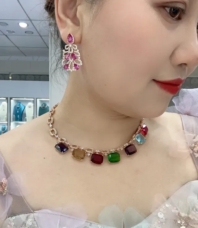 Pink Gemstone Filigree Lacework Drop Earrings 4
