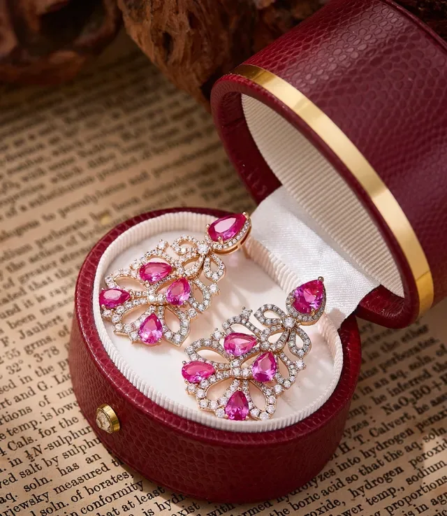 Pink Gemstone Filigree Lacework Drop Earrings 5
