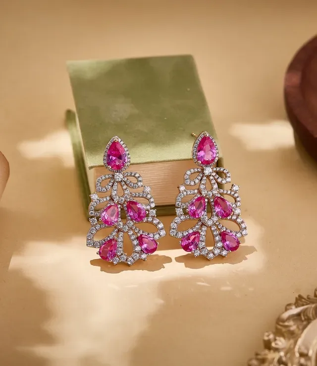 Pink Gemstone Filigree Lacework Drop Earrings 6