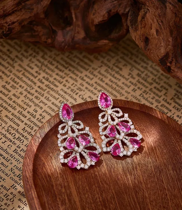 Pink Gemstone Filigree Lacework Drop Earrings 7
