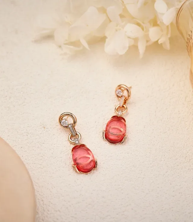 Pink Gold Drop Oval Cabochon Gemstones Earrings 4
