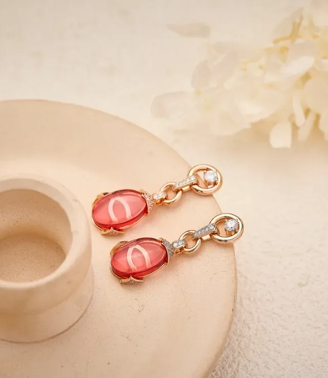 Pink Gold Drop Oval Cabochon Gemstones Earrings 5