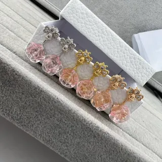 Pink Gold Floral Rose Studs Crystal-Embellished Clover Tops Earrings