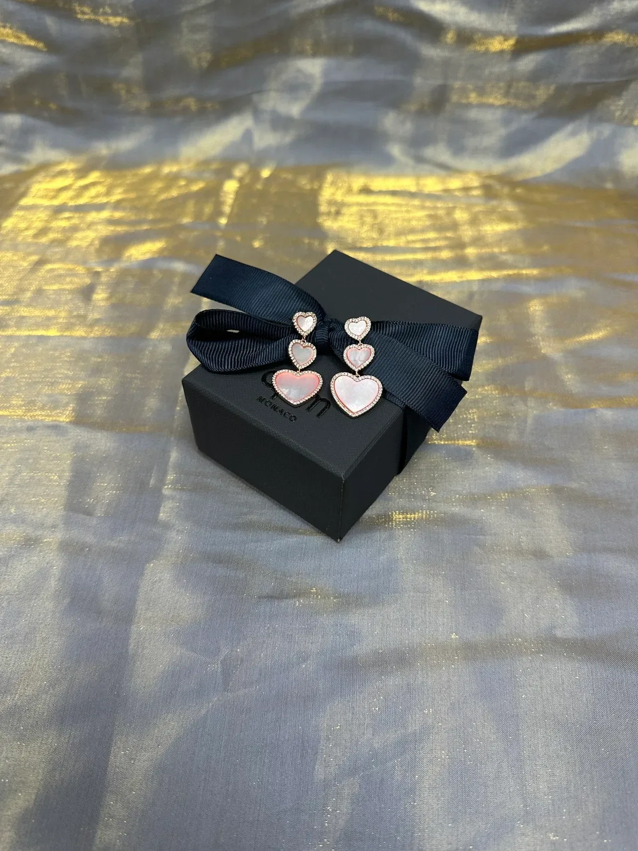Pink Gold Triple-Heart Dangle Pavé Crystal Border Earrings 7