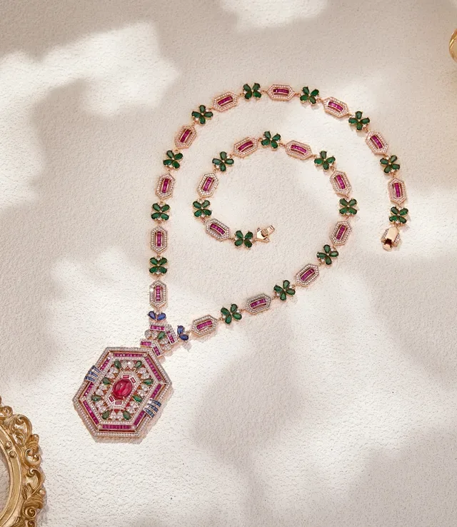 Pink Green Hexagonal Pendant Multi-Gem Floral Motifs Necklace 2